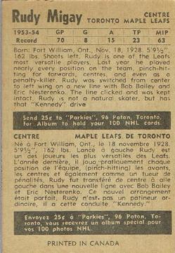 1954-55 Parkhurst #21 Rudy Migay Back