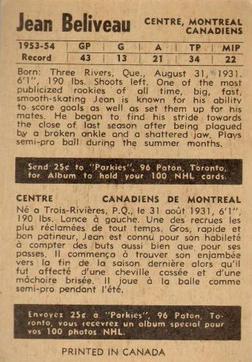 1954-55 Parkhurst #3 Jean Beliveau Back