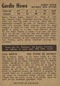1954-55 Parkhurst #41 Gordie Howe Back