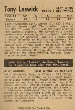 1954-55 Parkhurst #45 Tony Leswick Back