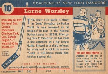 1954-55 Topps #10 Lorne Worsley Back