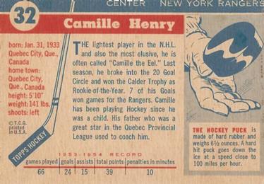 1954-55 Topps #32 Camille Henry Back