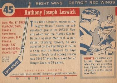 1954-55 Topps #45 Tony Leswick Back