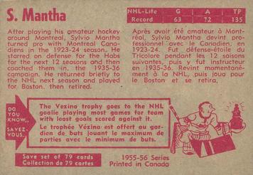 1955-56 Parkhurst #60 Sylvio Mantha Back