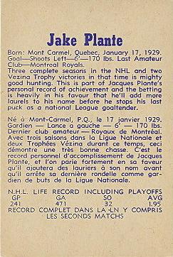 1957-58 Parkhurst #15 Jacques Plante Back