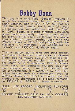 1957-58 Parkhurst #T20 Bobby Baun Back