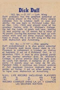 1957-58 Parkhurst #T3 Dick Duff Back