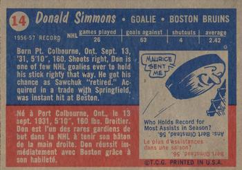 1957-58 Topps #14 Don Simmons Back