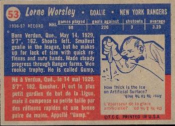 1957-58 Topps #53 Lorne Worsley Back
