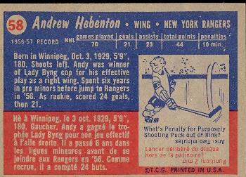 1957-58 Topps #58 Andy Hebenton Back