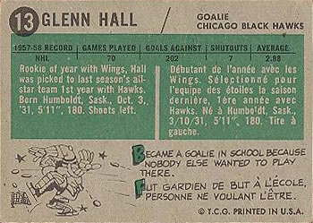 1958-59 Topps #13 Glenn Hall Back