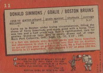 1959-60 Topps #11 Don Simmons Back