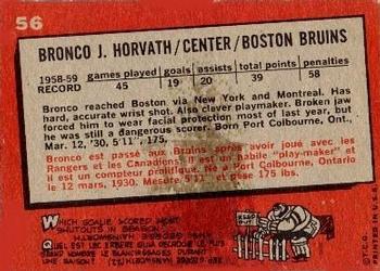 1959-60 Topps #56 Bronco Horvath Back