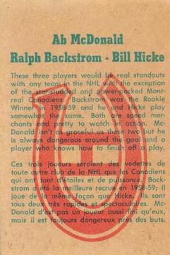 1960-61 Parkhurst #56 Bill Hicke / Ralph Backstrom / Ab McDonald Back