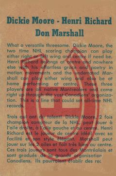 1960-61 Parkhurst #57 Don Marshall / Henri Richard / Dickie Moore Back