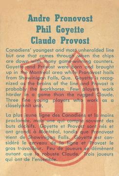 1960-61 Parkhurst #58 Claude Provost / Phil Goyette / Andre Pronovost Back