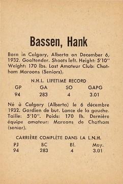 1962-63 Parkhurst #19 Hank Bassen Back