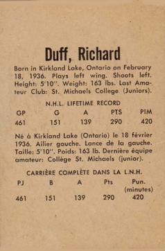 1962-63 Parkhurst #2 Dick Duff Back