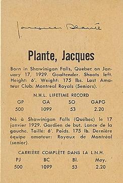 1962-63 Parkhurst #49 Jacques Plante Back