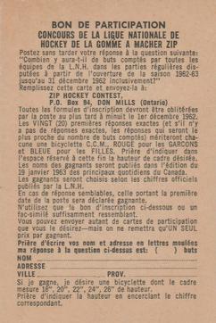 1962-63 Parkhurst #NNO Contest Entry Card Back