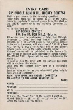 1962-63 Parkhurst #NNO Contest Entry Card Front