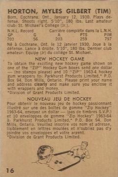 1963-64 Parkhurst #16 Tim Horton Back