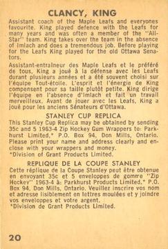 1963-64 Parkhurst #20 King Clancy Back