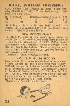 1963-64 Parkhurst #25 Bill Hicke Back