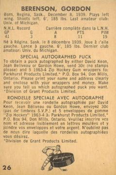 1963-64 Parkhurst #26 Gordon Berenson Back