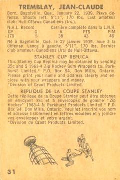 1963-64 Parkhurst #31 Jean-Claude Tremblay Back