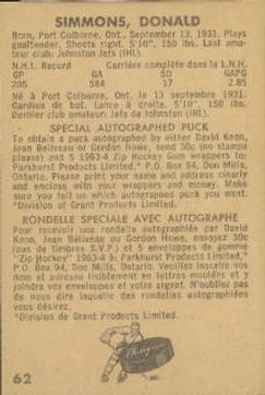 1963-64 Parkhurst #62 Don Simmons Back