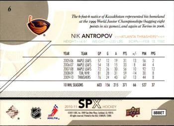 2010-11 SPx #6 Nik Antropov  Back