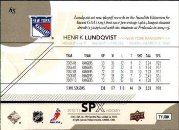 2010-11 SPx #65 Henrik Lundqvist  Back