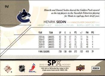2010-11 SPx #94 Henrik Sedin  Back