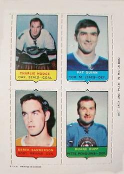 1969-70 O-Pee-Chee - Four-in-One Mini-Cards #NNO Charlie Hodge / Pat Quinn / Derek Sanderson / Duane Rupp Front