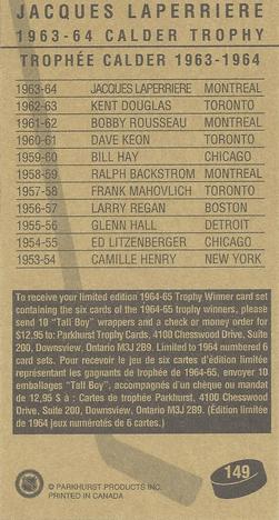 1994-95 Parkhurst Tall Boys 1964-65 #149 Jacques Laperriere Back