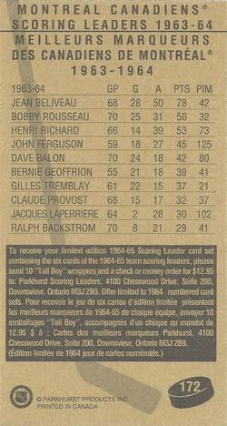 1994-95 Parkhurst Tall Boys 1964-65 #172 Jean Beliveau Back