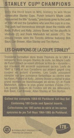 1994-95 Parkhurst Tall Boys 1964-65 #178 Stanley Cup Champions Back