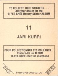 1981-82 O-Pee-Chee Stickers #11 Jari Kurri  Back