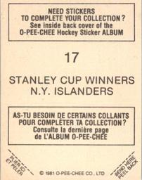 1981-82 O-Pee-Chee Stickers #17 Stanley Cup Winner 1980-81  Back