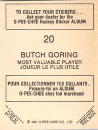 1981-82 O-Pee-Chee Stickers #20 Butch Goring  Back