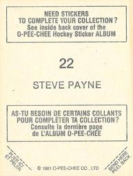 1981-82 O-Pee-Chee Stickers #22 Steve Payne  Back