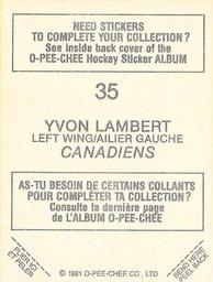 1981-82 O-Pee-Chee Stickers #35 Yvon Lambert  Back