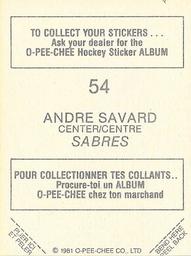 1981-82 O-Pee-Chee Stickers #54 Andre Savard  Back