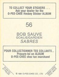 1981-82 O-Pee-Chee Stickers #56 Bob Sauve  Back