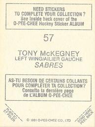 1981-82 O-Pee-Chee Stickers #57 Tony McKegney  Back