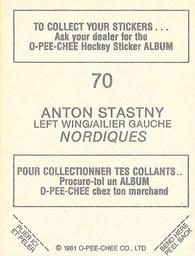 1981-82 O-Pee-Chee Stickers #70 Anton Stastny  Back
