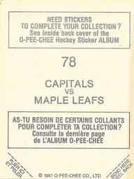 1981-82 O-Pee-Chee Stickers #78 Capitals vs. Maple Leafs  Back