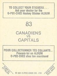 1981-82 O-Pee-Chee Stickers #83 Canadiens vs. Capitals  Back