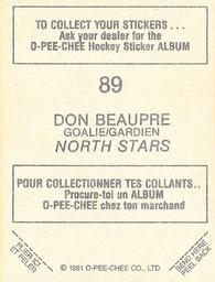 1981-82 O-Pee-Chee Stickers #89 Don Beaupre  Back